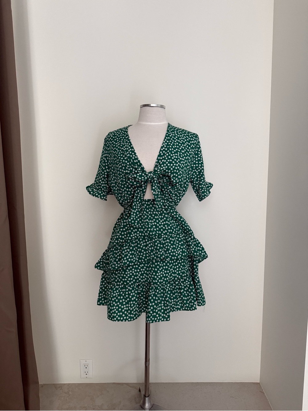 Green Polka Dot Tie-Front Mini Dress